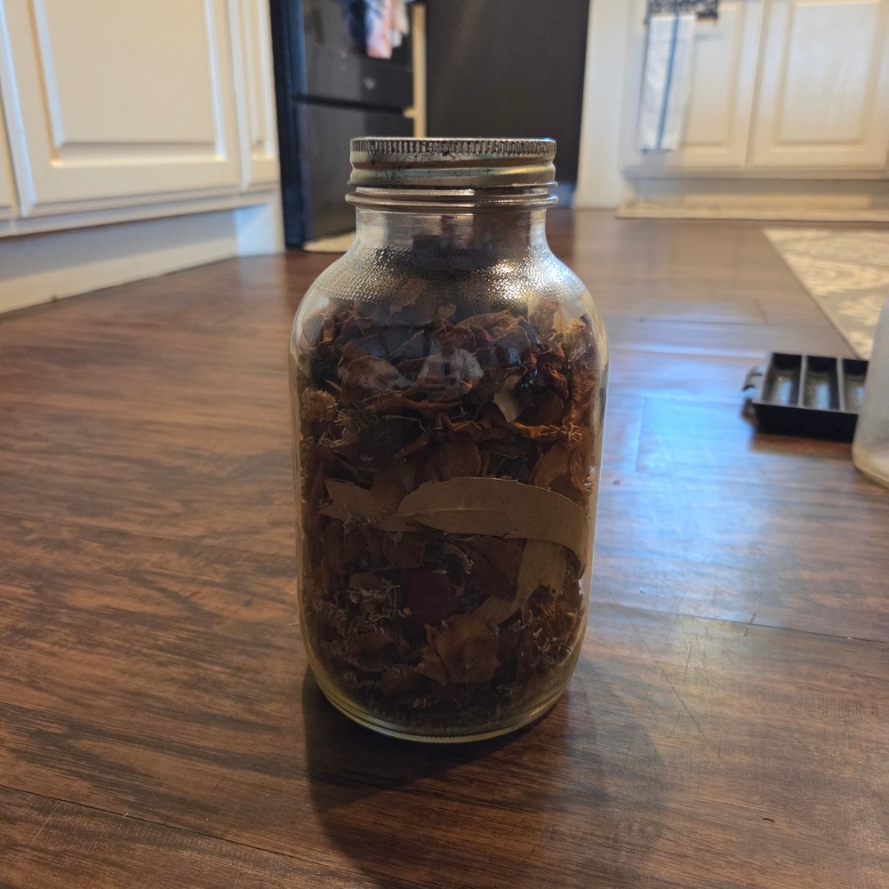 Vintage Ball Mason Jar with Dried Potpourri Clear Glass Blue Logo Lid 8.5in